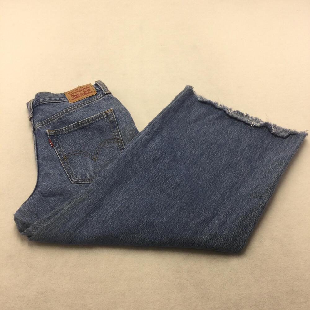 Levis 94 Baggy Wide Leg Jeans Womens 27 Blue Medium Wash Crop Raw Hem Waterless